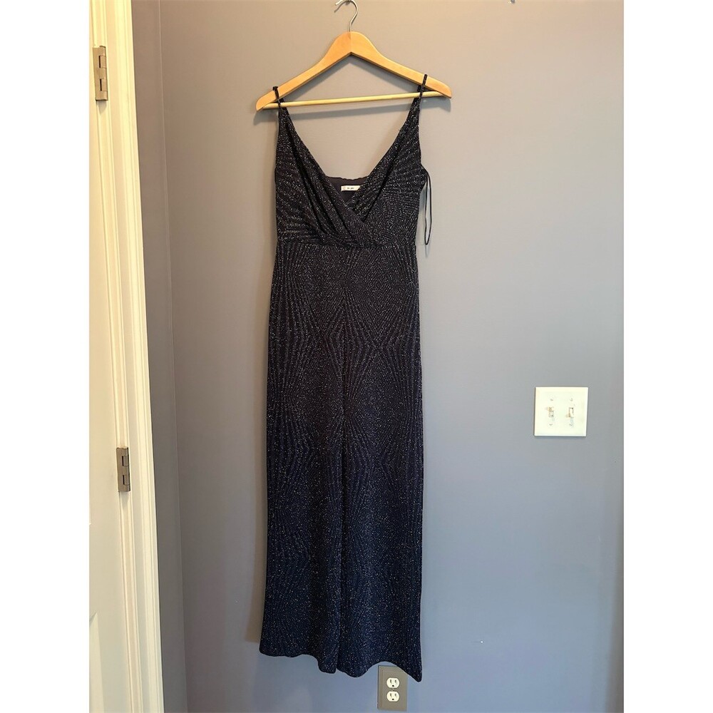 Mi Ami Jumpsuit Womens Size M Blue Glitter Wide-Leg Surplice V-Neck Party - Picture 2 of 8